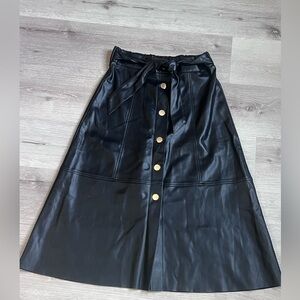Zara Black Faux Leather A-Line Midi Skirt with Gold Buttons and Waist Tie